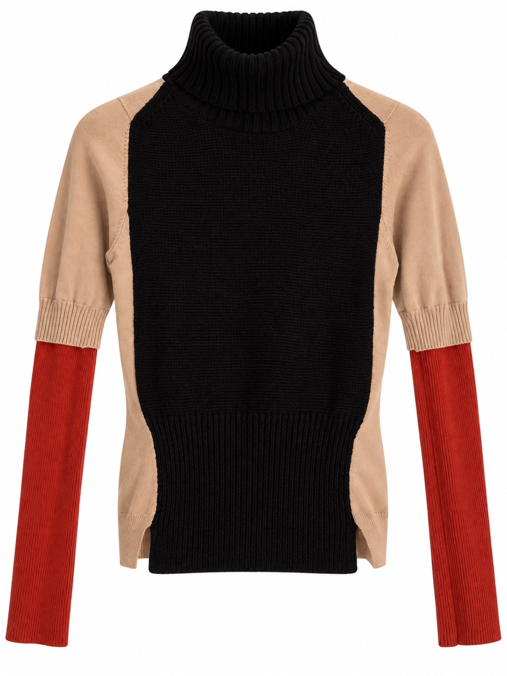 Karen Millen Colorblock Turtleneck Sweater in Black, Beige & Red